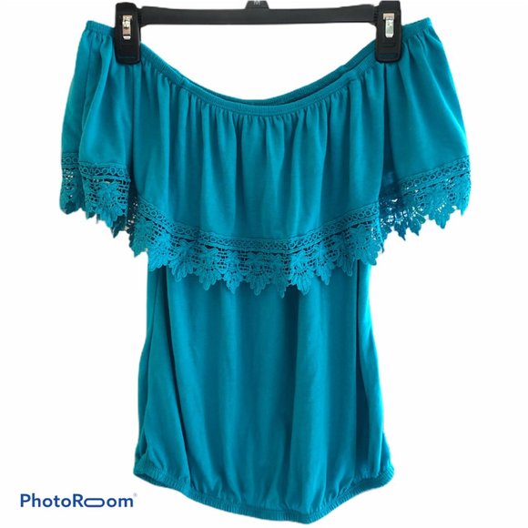 Tops - Teal blue off shoulder ruffled top, blouse size S
